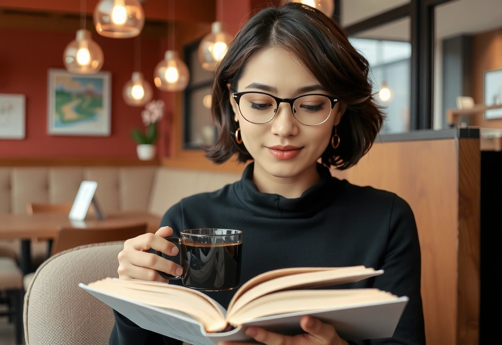 Mladá žena s brýlemi čte knihu a pije kávu