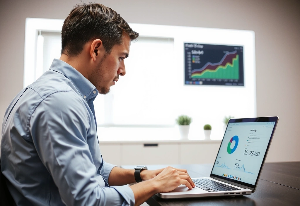 Muž pracuje na notebooku s analytickými daty