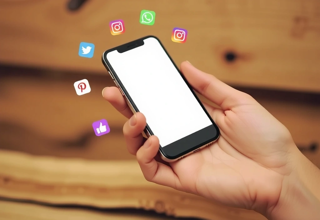 Ruka drží smartphone s ikonami sociálních médií