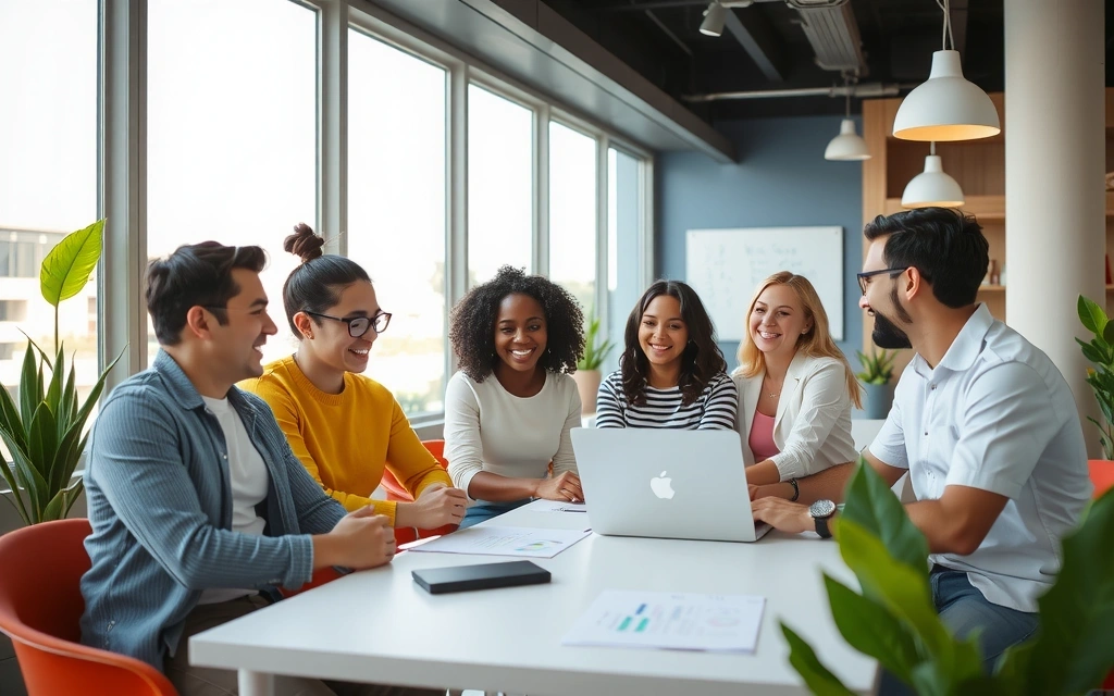 Šťastní kolegové v moderním kancelářském prostředí adgate
