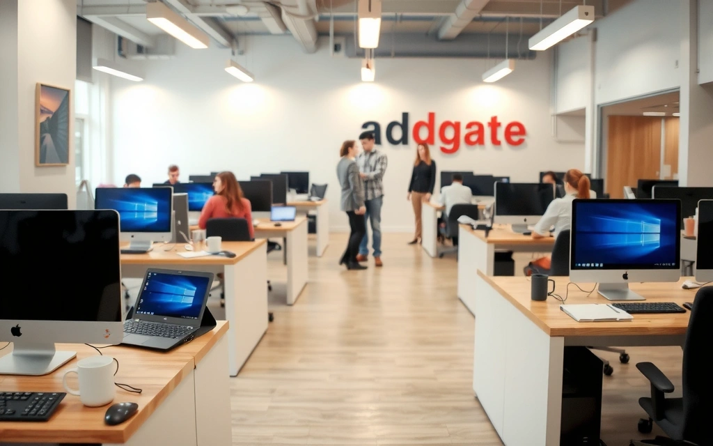 Moderní kancelář adgate s týmem v pozadí