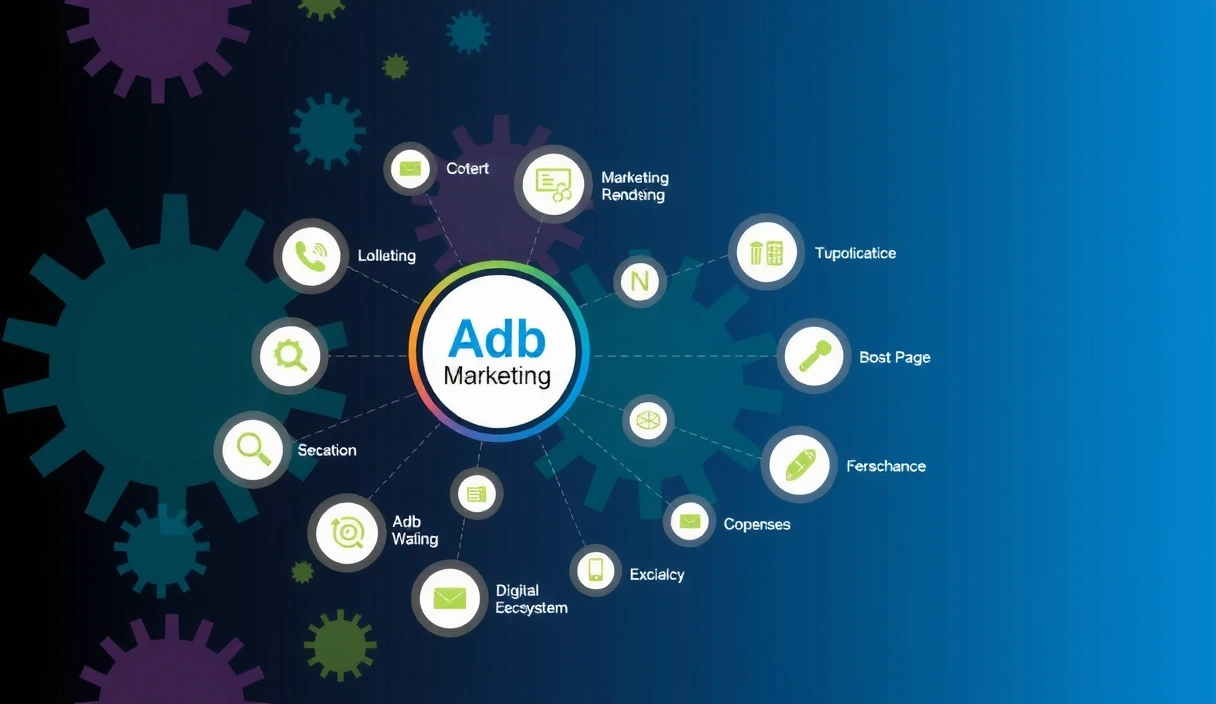 Abstraktní grafika znázorňující široký rozsah marketingových aktivit a digitální ekosystém