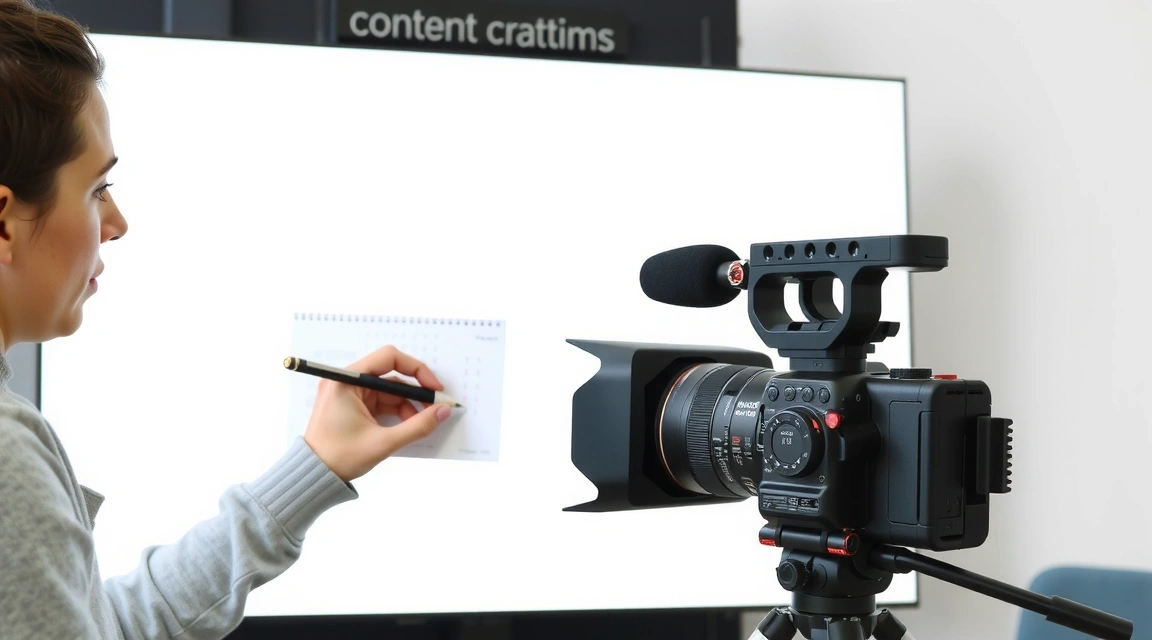 Osoba píšící blog, videokamera a infografika, symbolizující tvorbu obsahu, bez textu