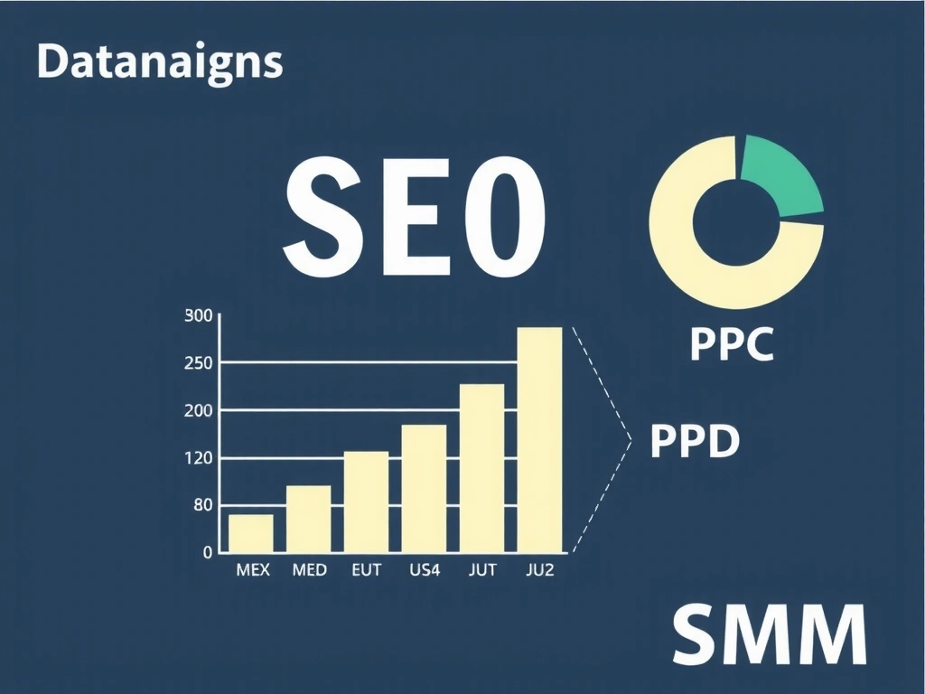 Vizualizace dat a grafů symbolizující SEO, PPC a SMM kampaně, bez textu